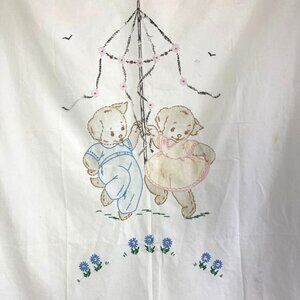 Vintage Hand Embroidered Applique Baby Crib Sheet Cover Puppies Dancing Maypole